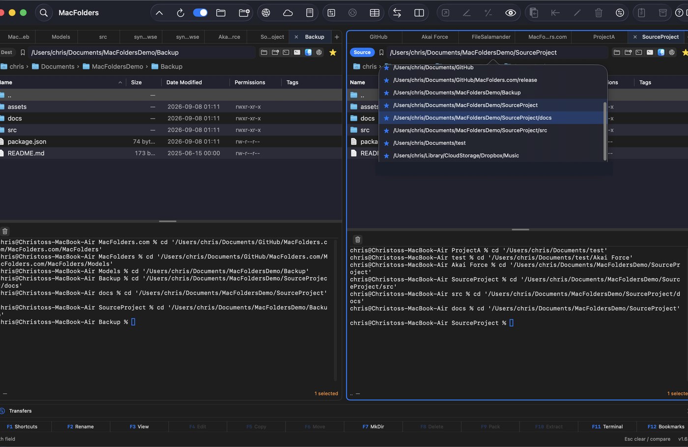 MacFolders dual-pane window with bookmark menu open