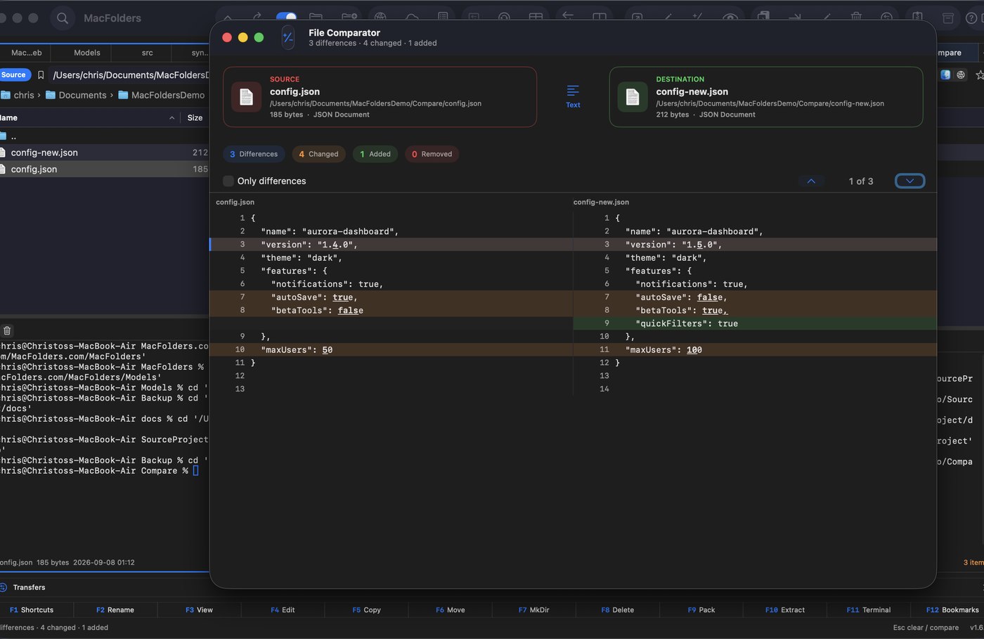 File Comparator window showing JSON differences
