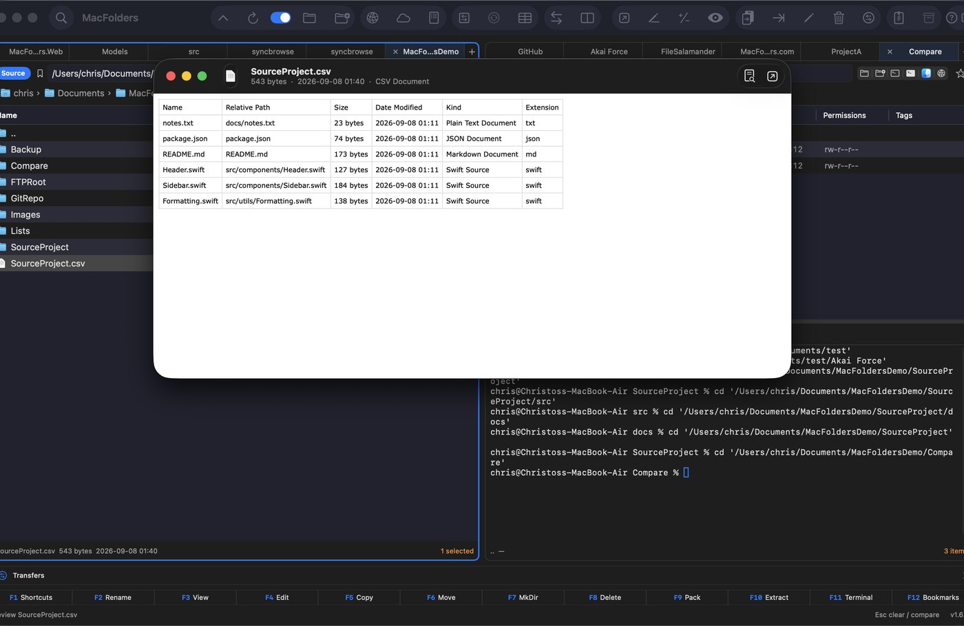 Save File List CSV output opened in the Preview window
