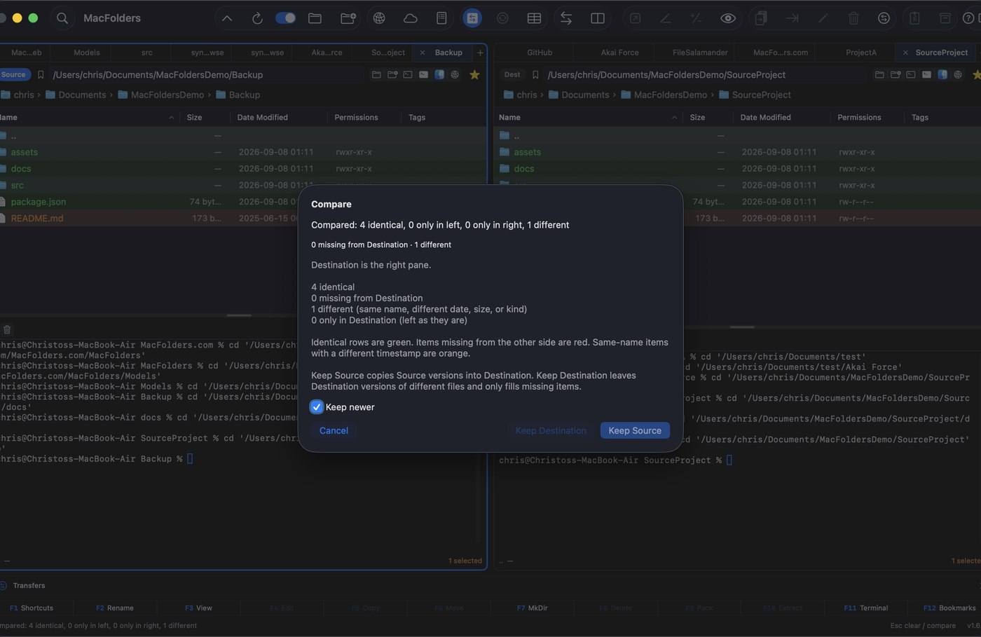 MacFolders folder compare dialog summarizing identical, missing, and different files