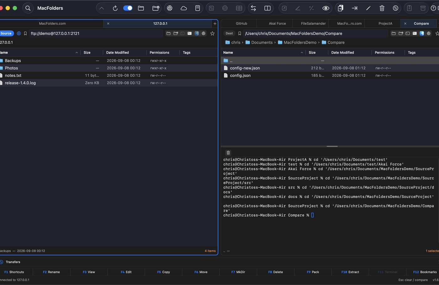 MacFolders pane connected to and browsing an SFTP server
