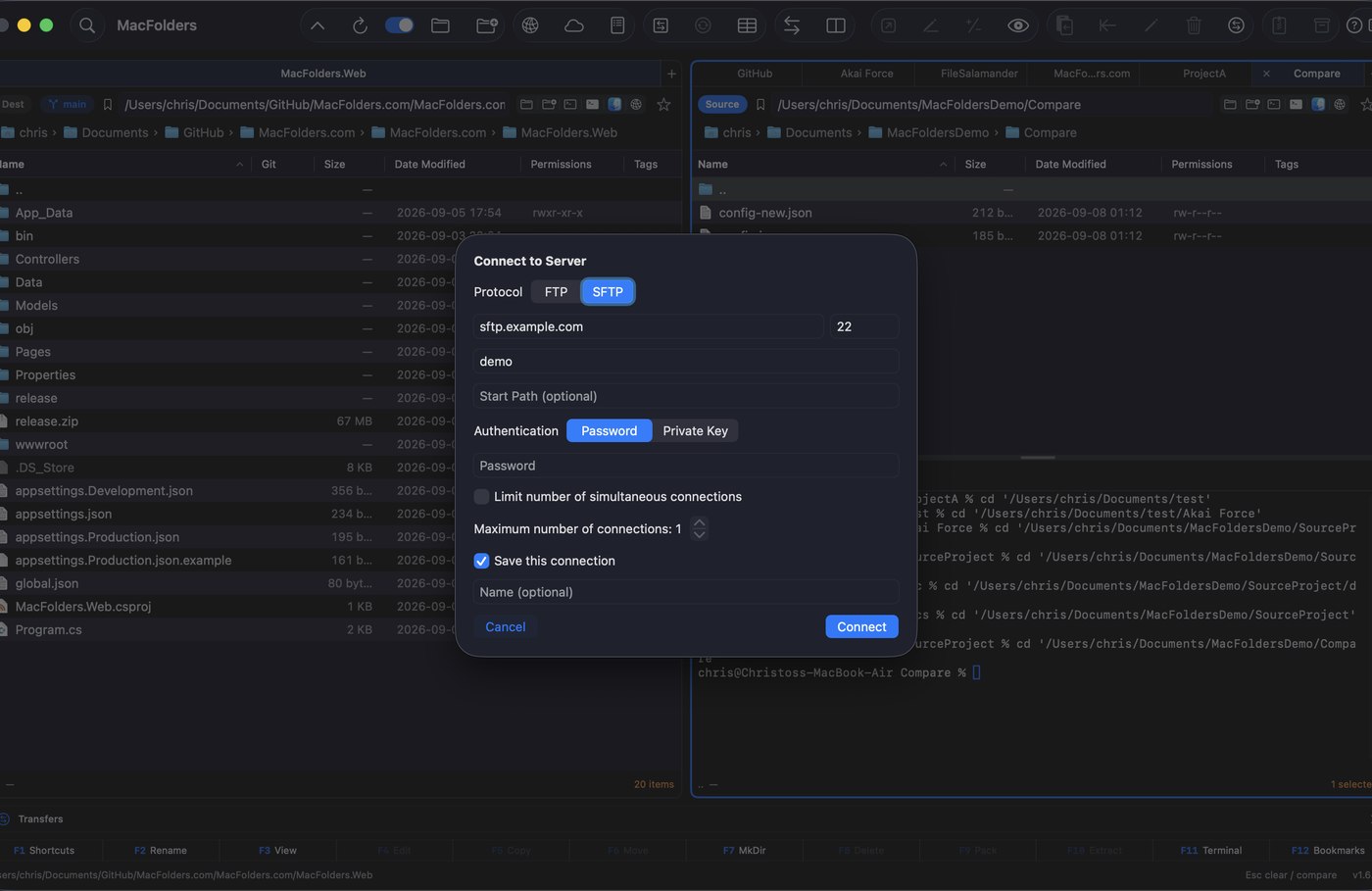 MacFolders Connect to Server dialog set to SFTP