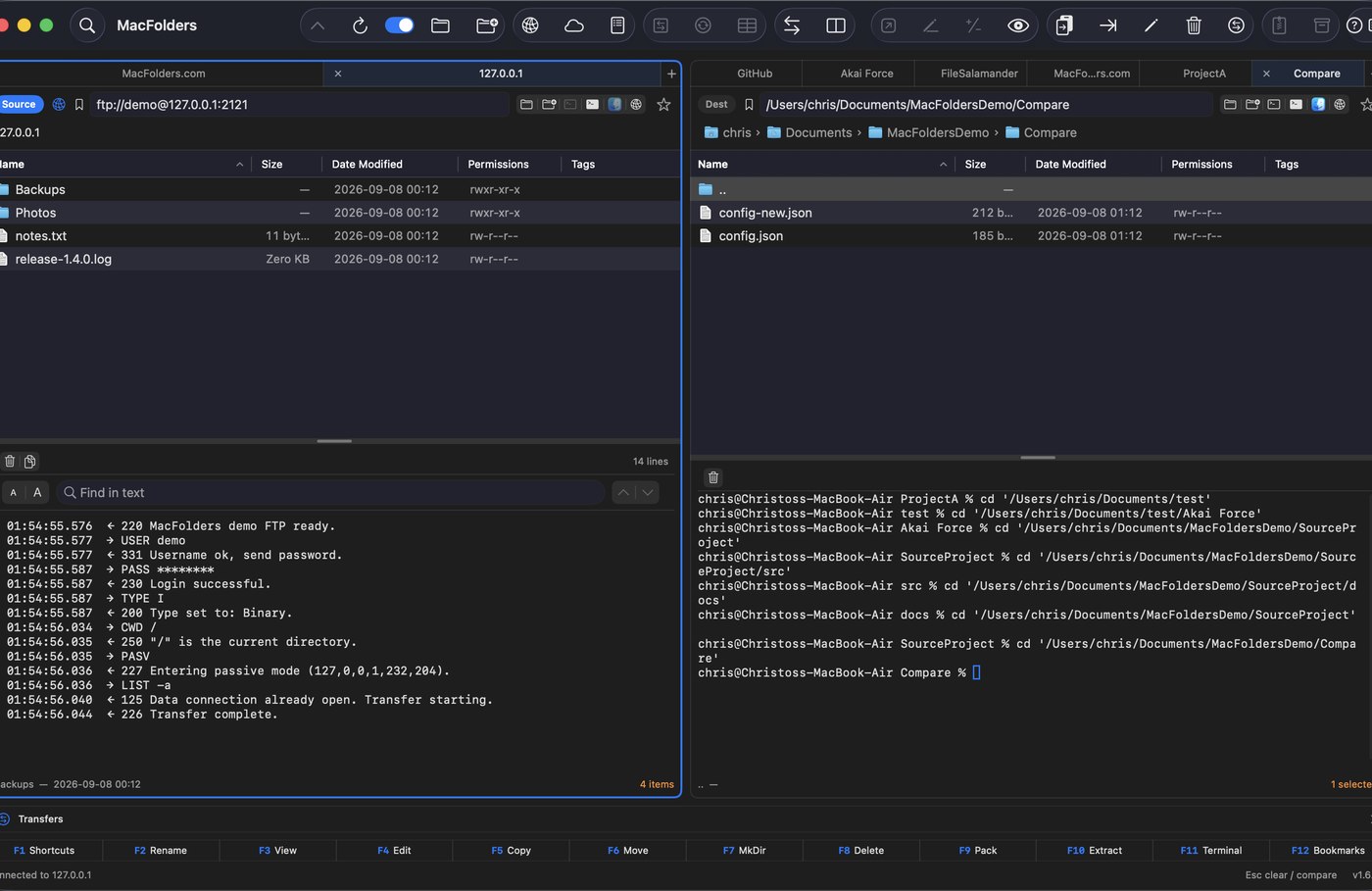 MacFolders showing the live FTP command and response log below the file list on a remote tab