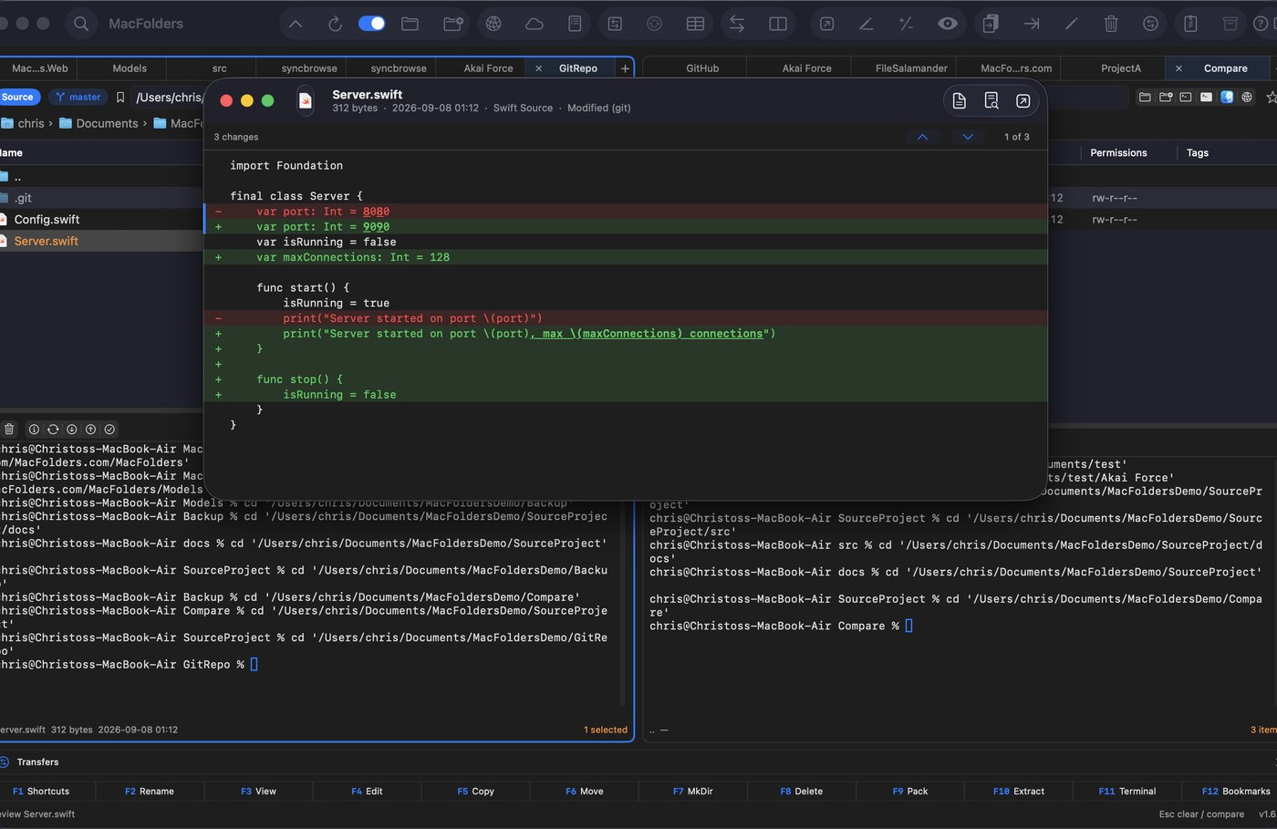MacFolders showing the git branch badge next to the path field, with a colored diff open in the Preview window