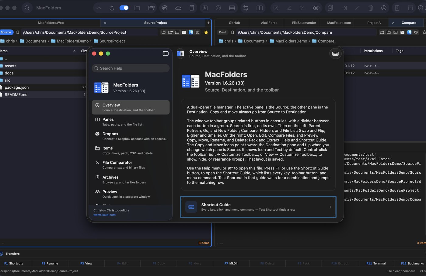 MacFolders Help window showing the version number and developer