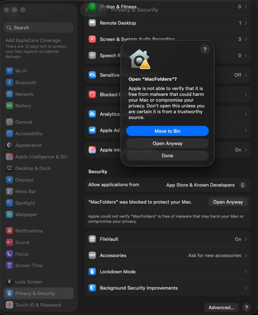 macOS System Settings Privacy & Security page with a confirmation dialog reading Open MacFolders, offering Move to Bin, Open Anyway, and Done