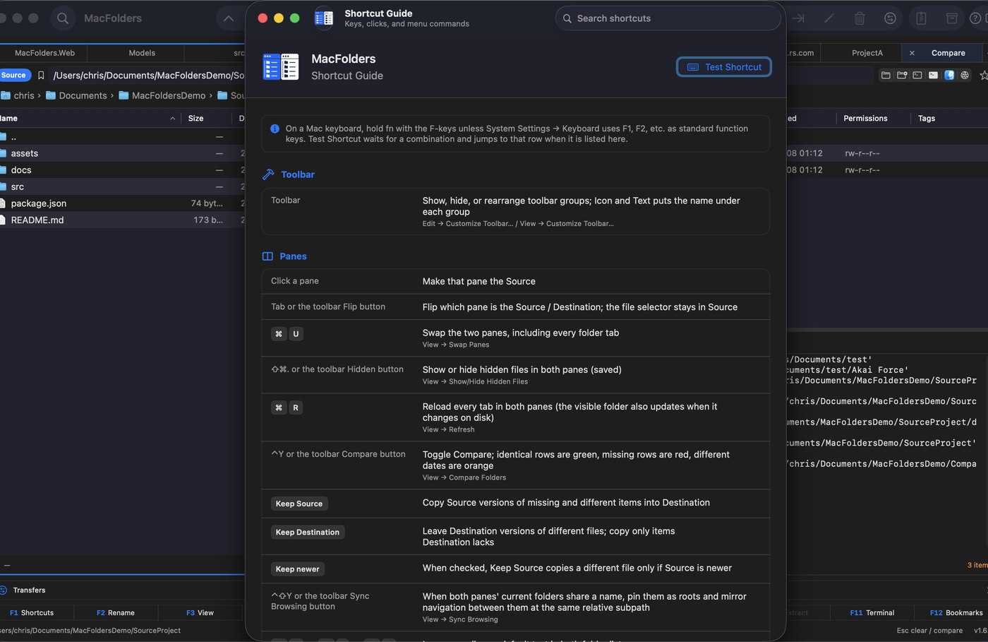 MacFolders Shortcut Guide window