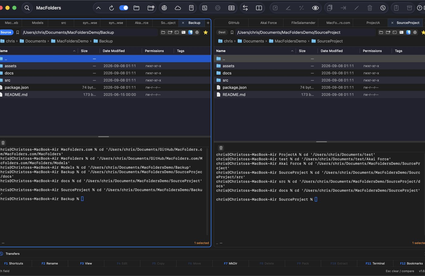 MacFolders embedded terminal open below the file list, in the same folder as the pane above it